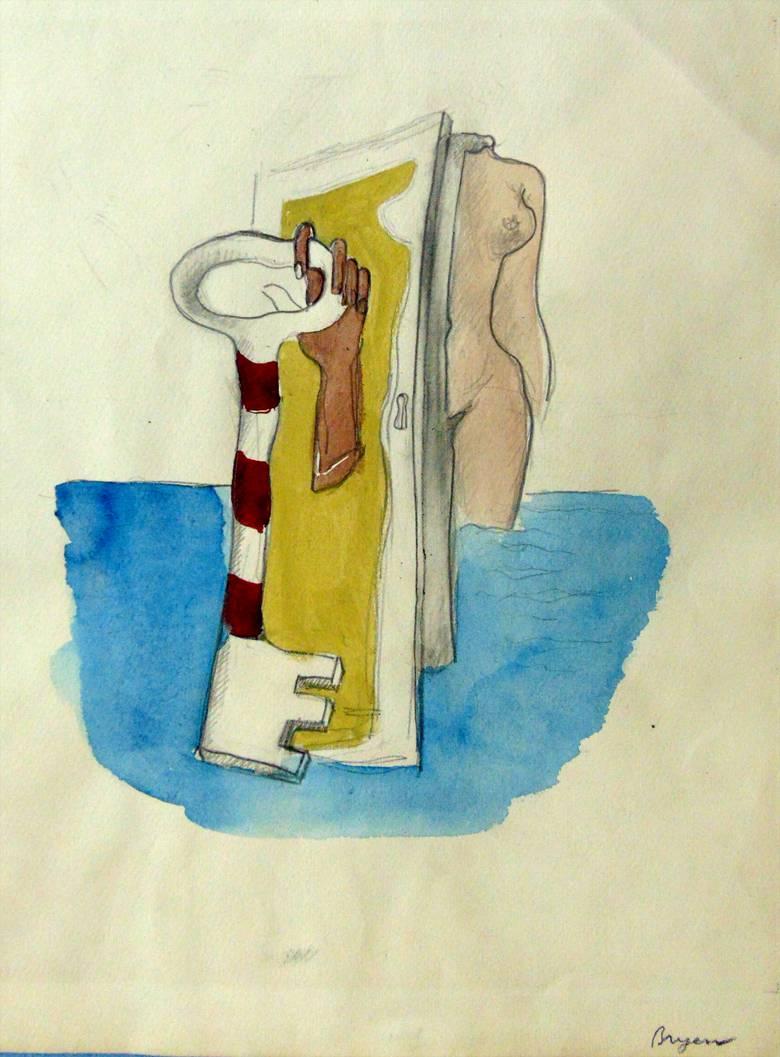 Camille Bryen Figurative Art – Surrealistische Komposition mit Akt, Tür und Schlüssel