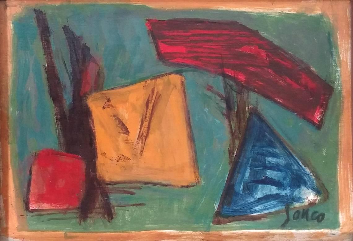 Marcel Janco Abstract Painting - Yellow Square, Red Square and Blue Triangle