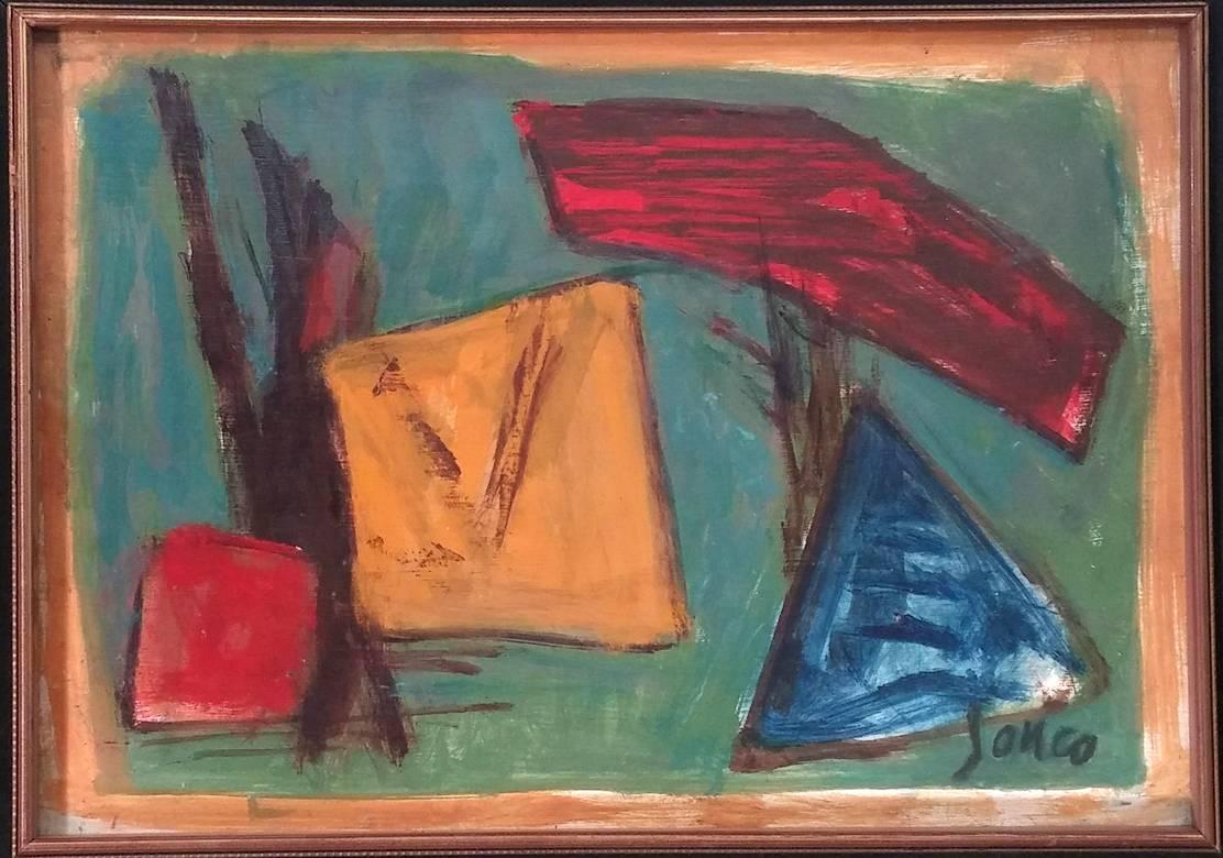 Quadrato giallo, quadrato rosso e triangolo blu - Painting di Marcel Janco