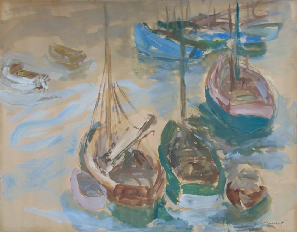 Mane Katz Landscape Art – Schiffe im Hafen – Meereslandschafts-Marine