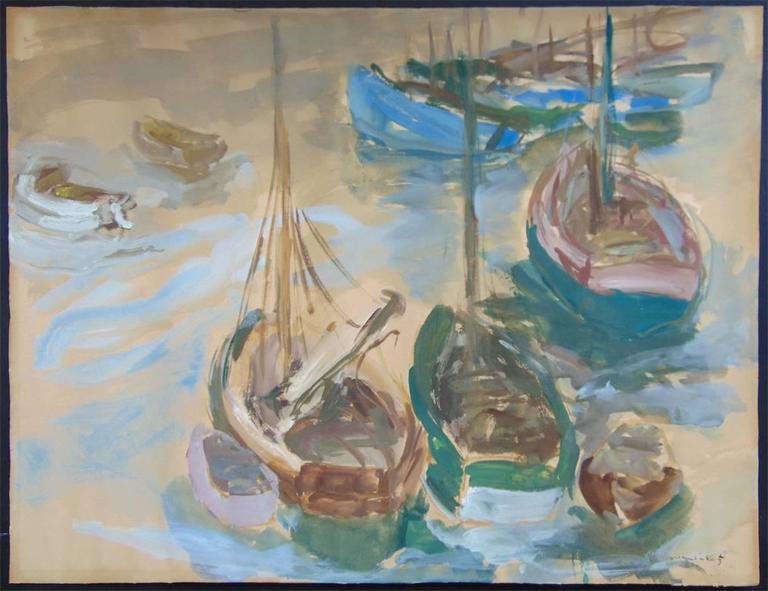 Boats in the Harbour - Seaside Maritime  - Art by Mane Katz