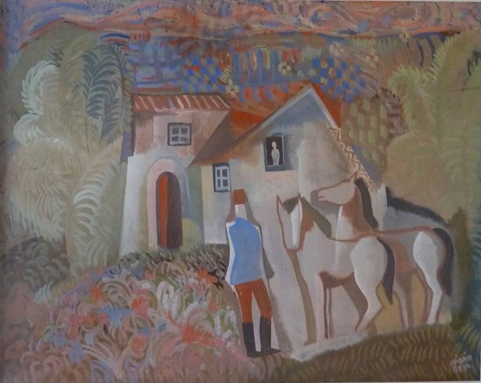 Bela Kadar Landscape Painting - Rider and Two Horses in front of a House