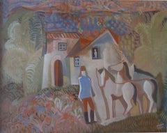 Rider and Two Horses in front of a House