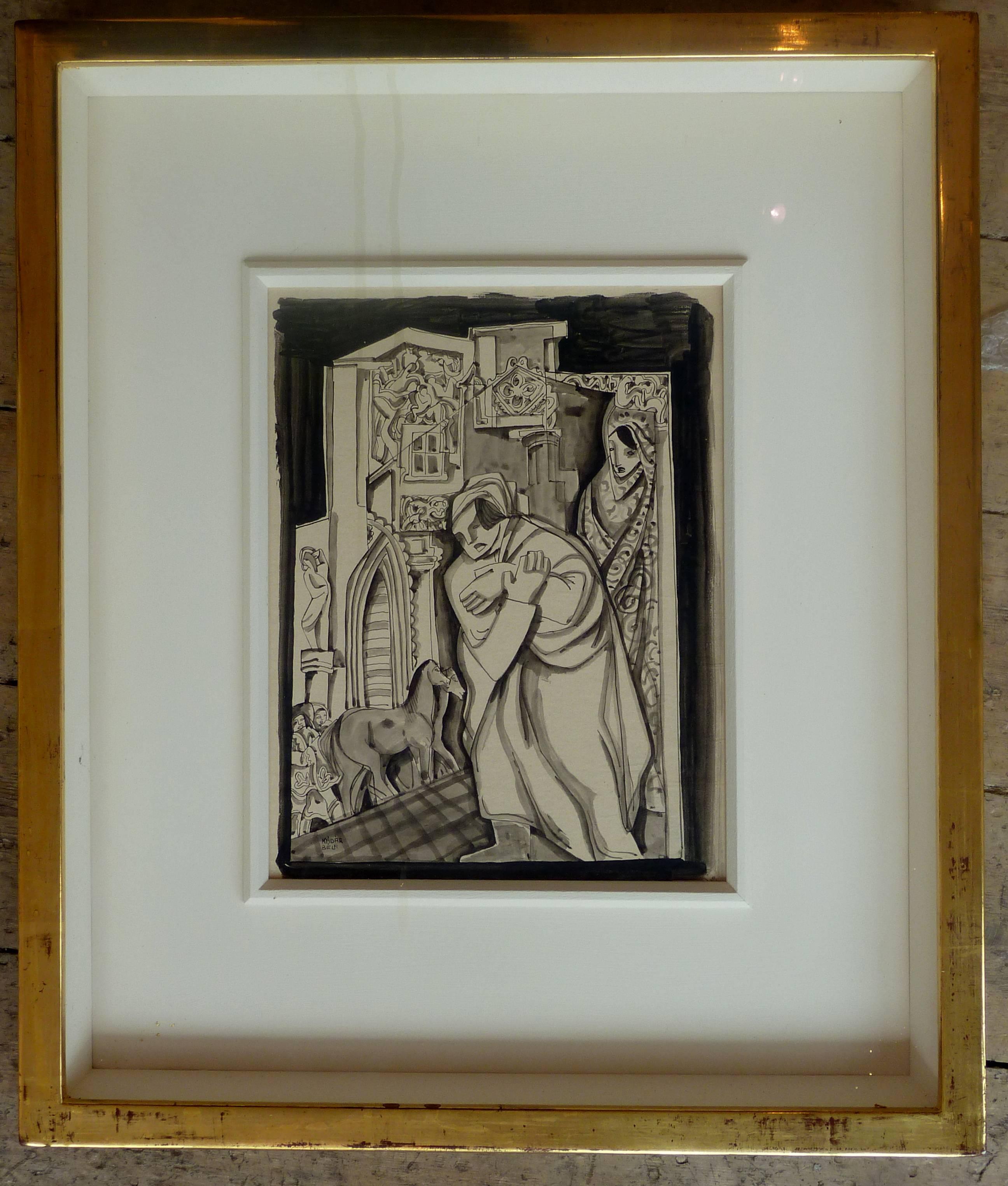 Zwei Paar in architektonischer Stadtlandschaft – Art von Bela Kadar