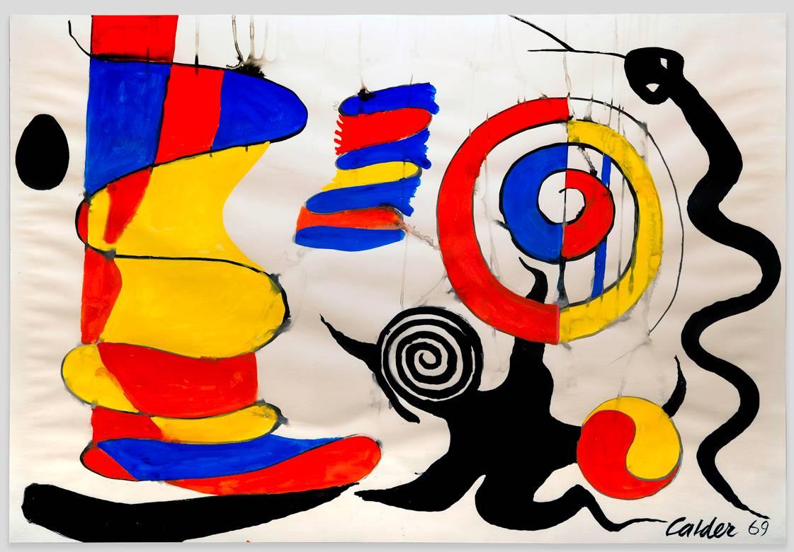 The Yellow Shock Absorber - Gouache American Kinetic Art d'après-guerre - Jaune Abstract Drawing par Alexander Calder