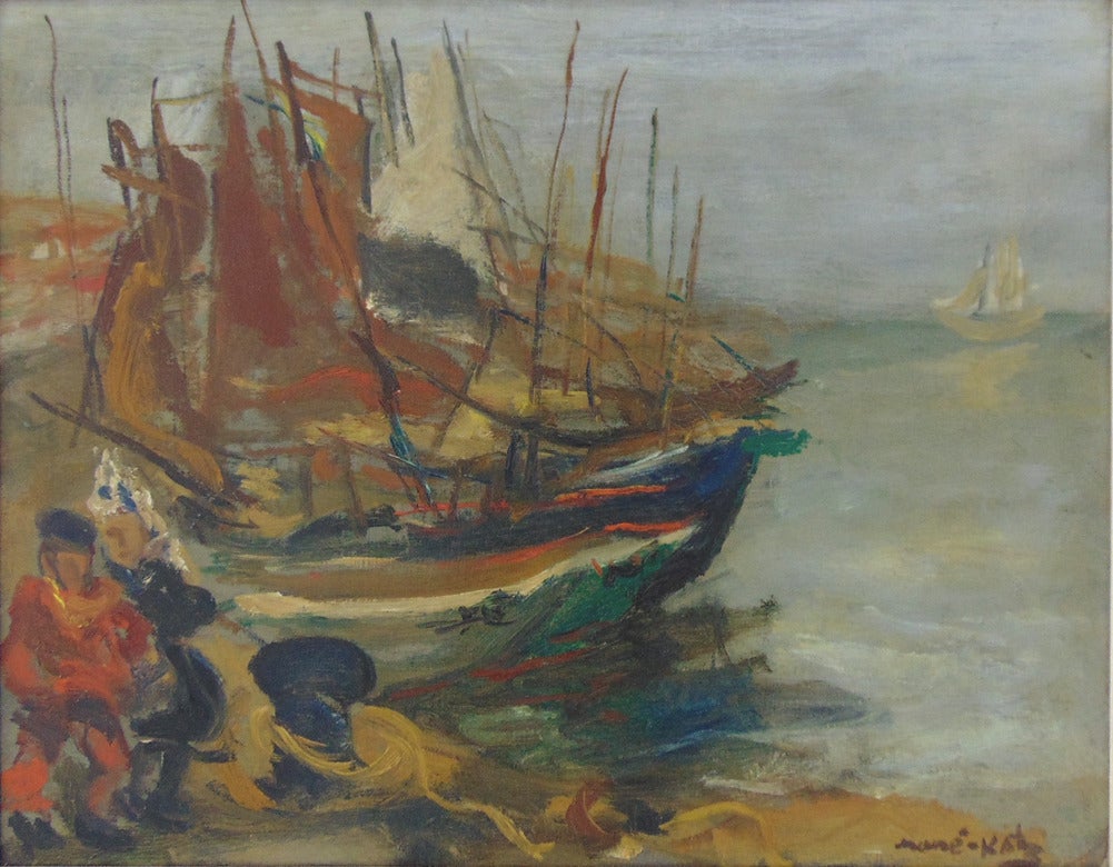 Pescatori vicino alle barche - Maritime Seaside Coastal - Painting di Mane Katz