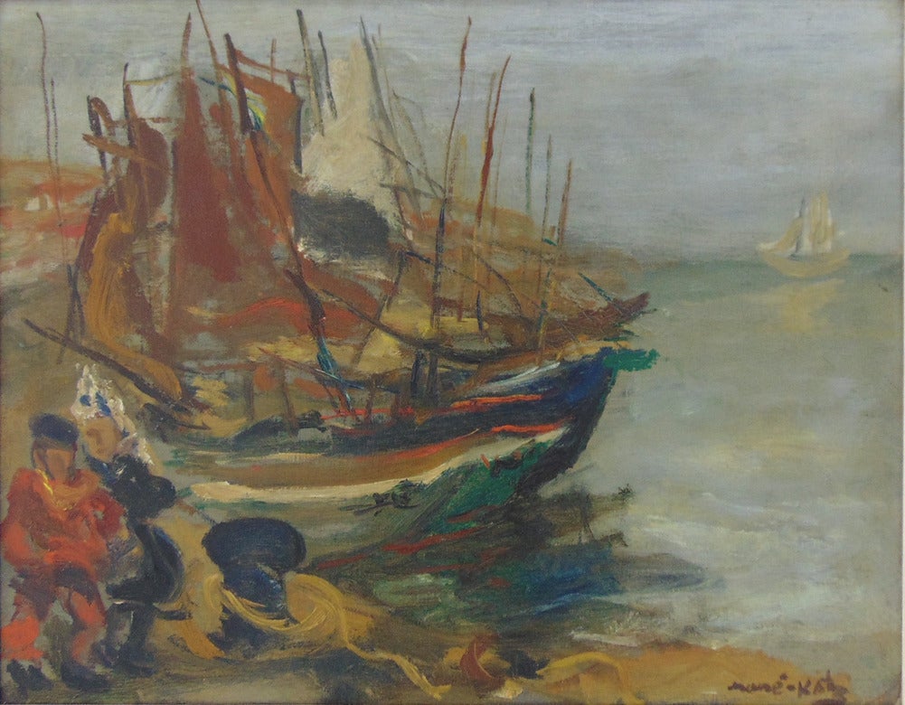 Fishermen by the Boats - Maritime Seaside Coastal - Painting by Mane Katz