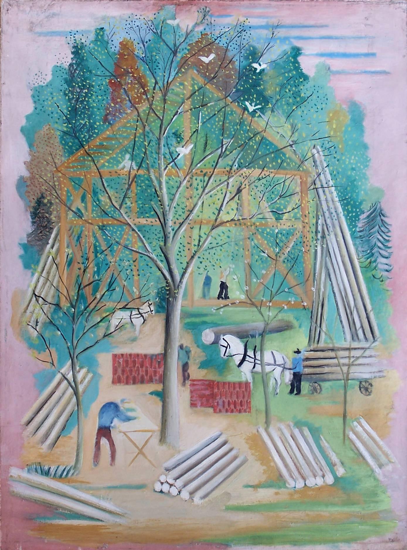 Landscape Painting di Serge Ferat (Sergei Nicolaevitch Comte de Jastrebtsov) - La costruzione della casa