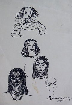 Gesichter von Frauen – Signierte Zeichnung, ungarisch