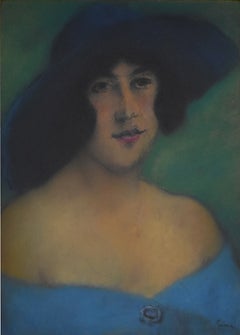 Portrait of Woman with a Hat - Hand Signed Pastel Hungarian