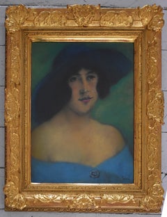 Portrait of Woman with a Hat - Hand Signed Pastel Hungarian