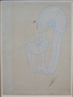 Der Fächer / L'Eventail – Signierte Gouache im Art-Déco-Stil