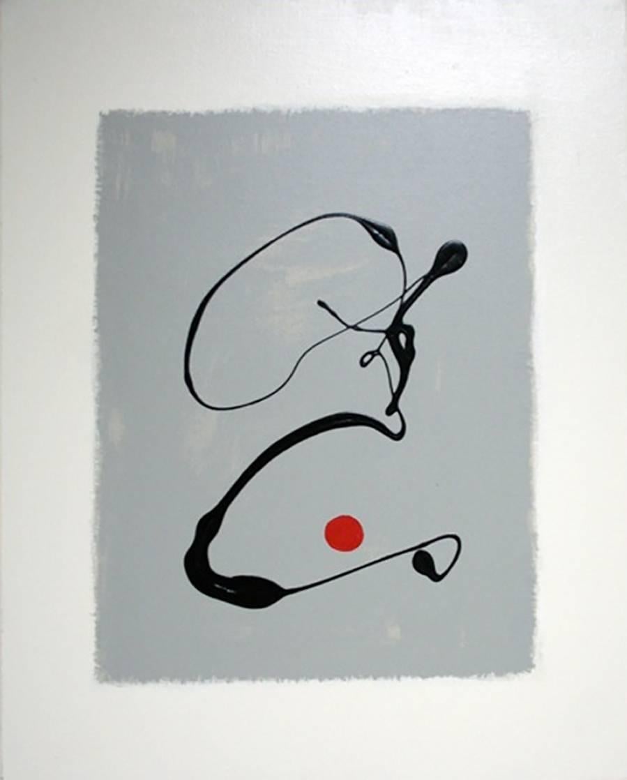 Maureen Chatfield Abstract Painting - Black Drip, Red Dot 1