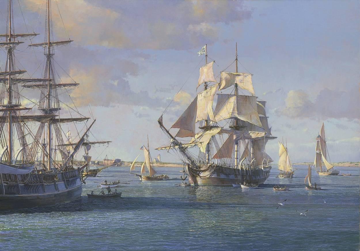 Maarten Platje Landscape Painting - Whaler Three Brothers arrives in Nantucket Harbour