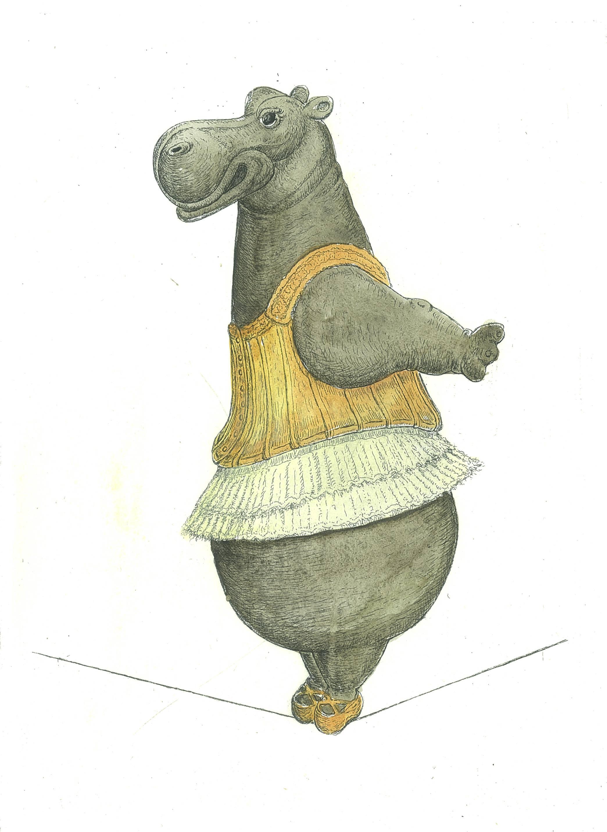 Bjørn Okholm Skaarup Figurative Print - Hippo Tightrope Dancer