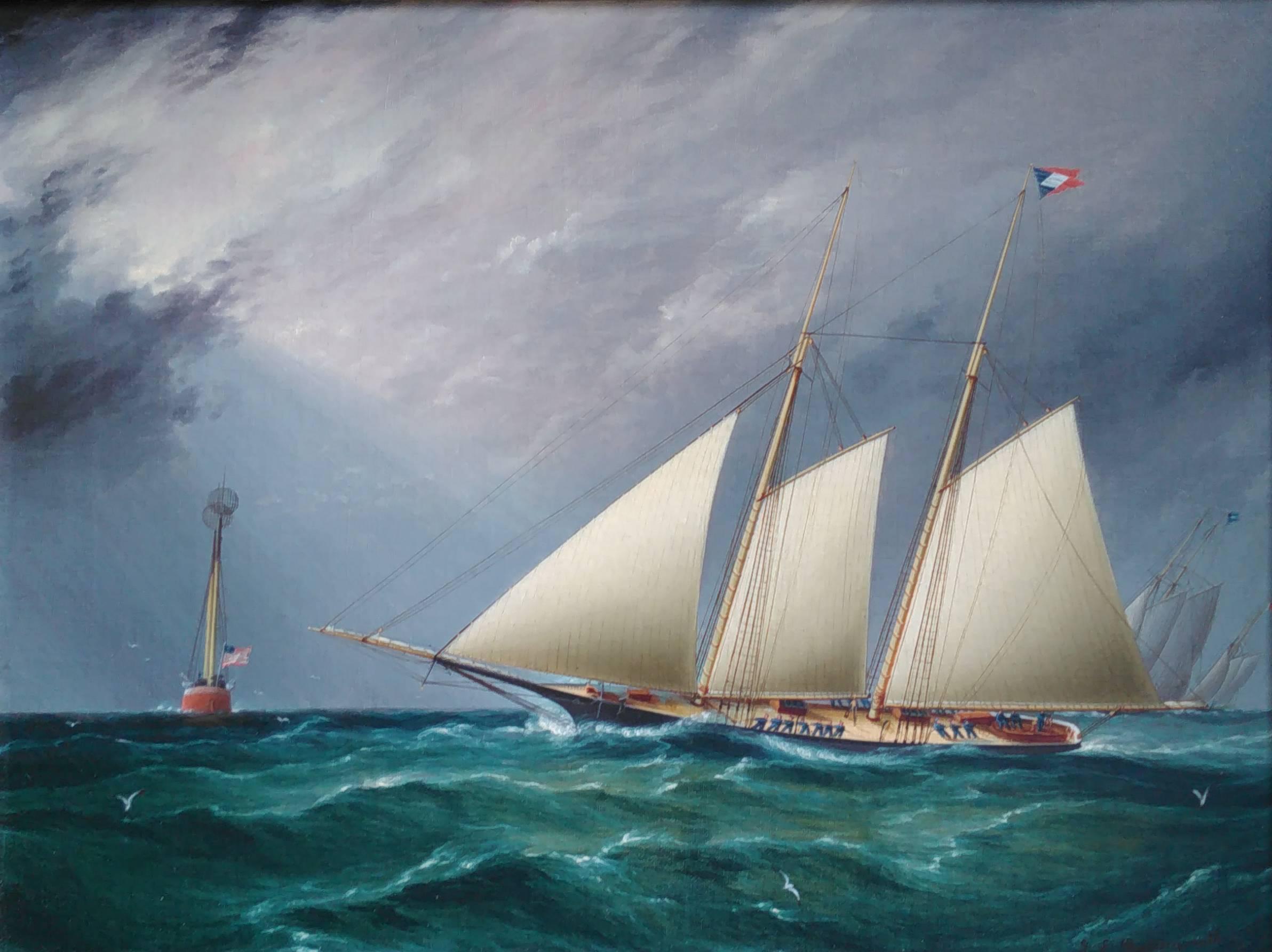 SAPPHO Leading DAUNTLESS Around the Mark - Painting by James Edward Buttersworth