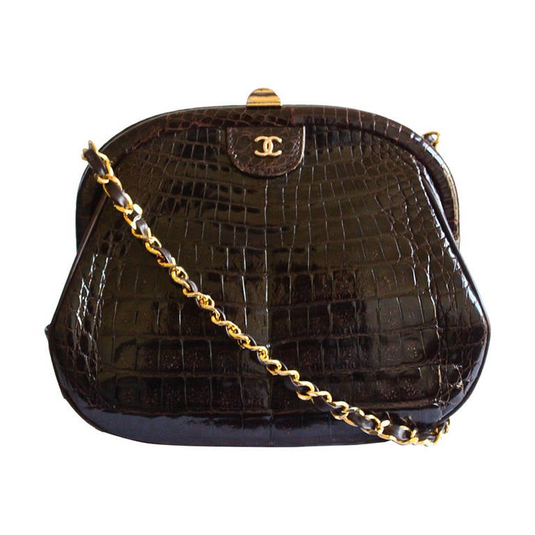 1980's CHANEL brown convertible crocodile clutch with hidden gilt chain