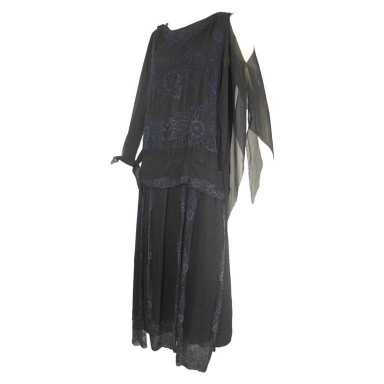 1920s Beaded Black Silk Chiffon Flapper Dress