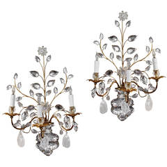 Exquisite Pair of Bagues, French Rock Crystal Gilt Wall Sconces