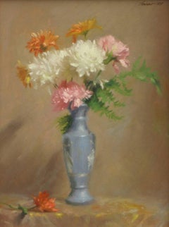 Vintage Mums in a Blue Vase