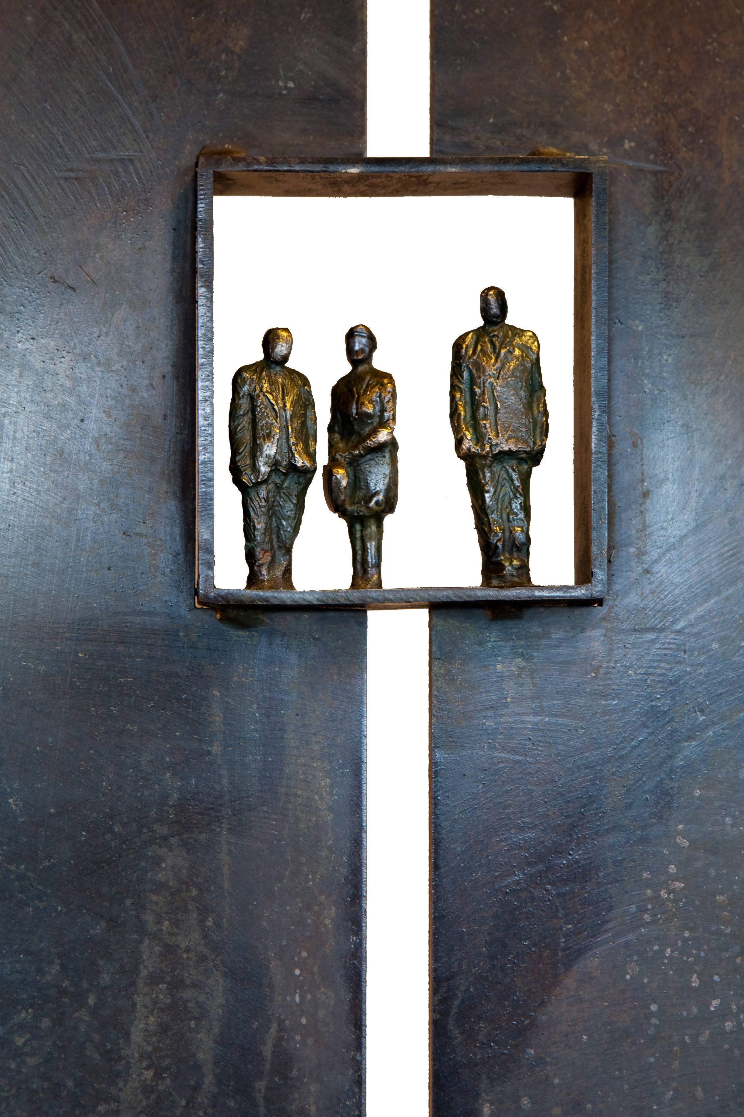 Two businessmen and a woman in an elevator within a 2D tower.