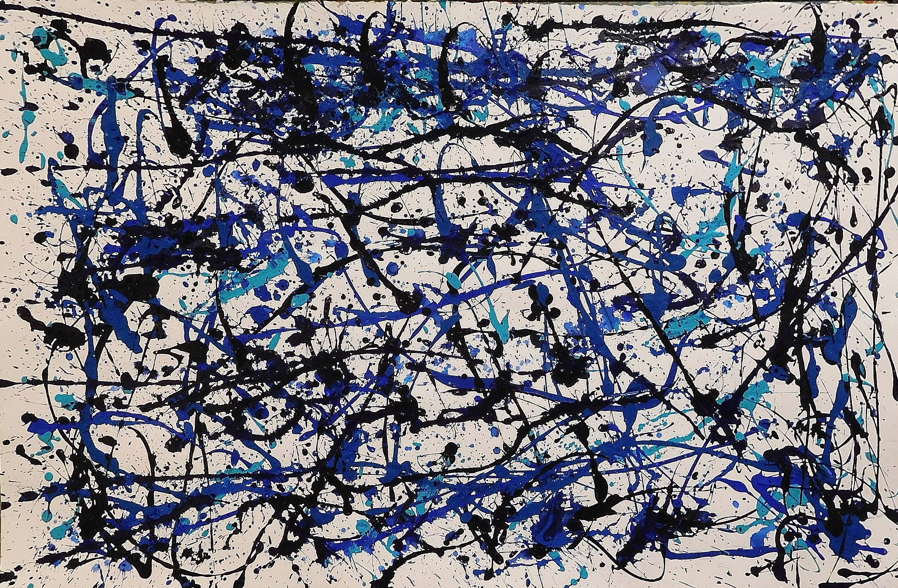 William (Bill) Alpert Abstract Painting - Drip in Navy, Blue and White