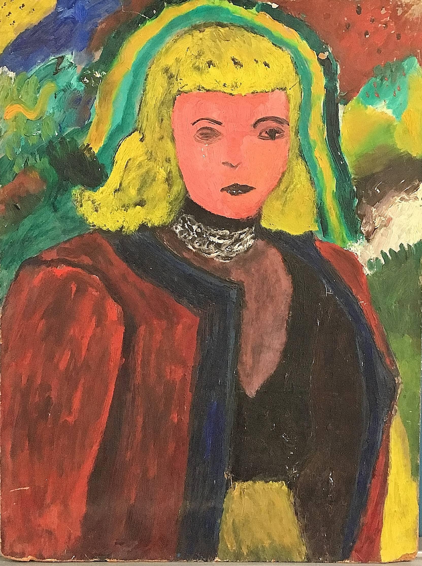 Aristodimos Kaldis Figurative Painting - Portrait of a Woman in a Red Coat (Elaine DeKooning)