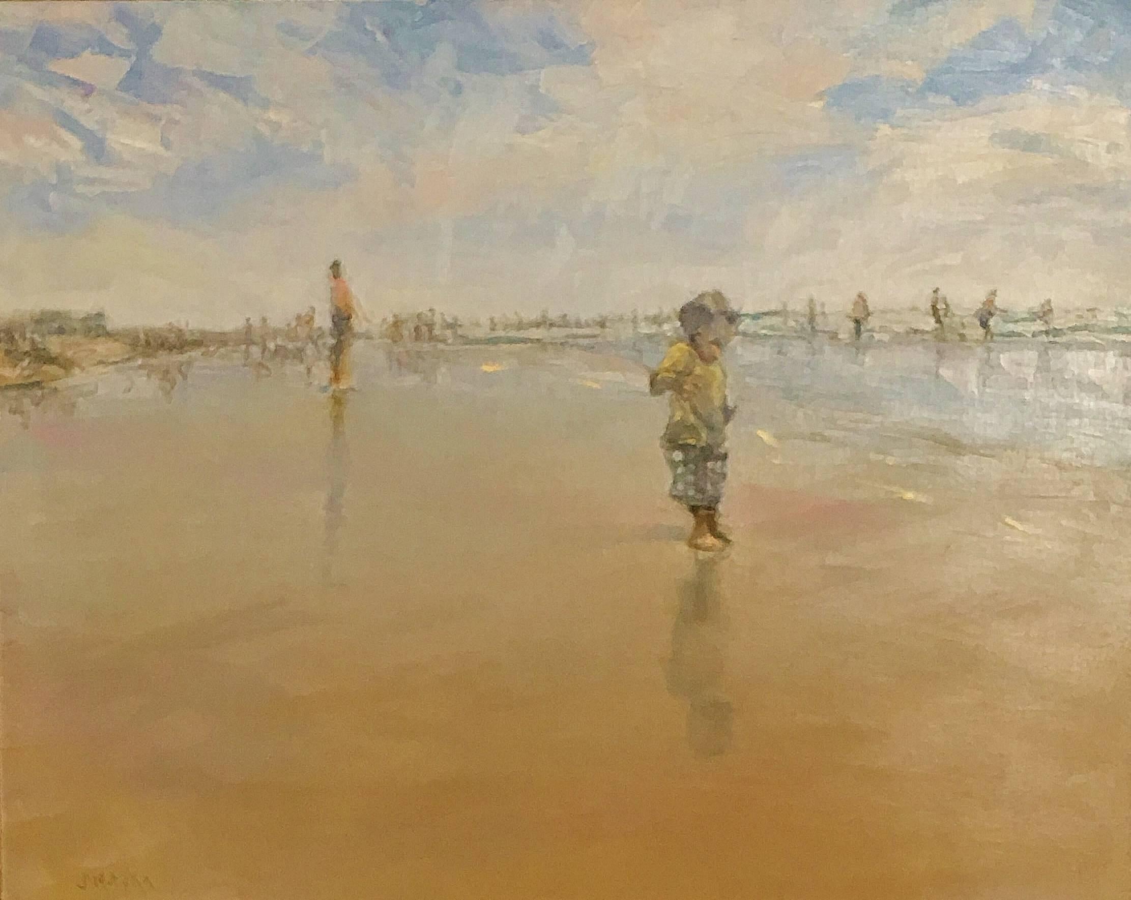 Steve Motyka Figurative Painting - Playing in the Sand, Watch Hill