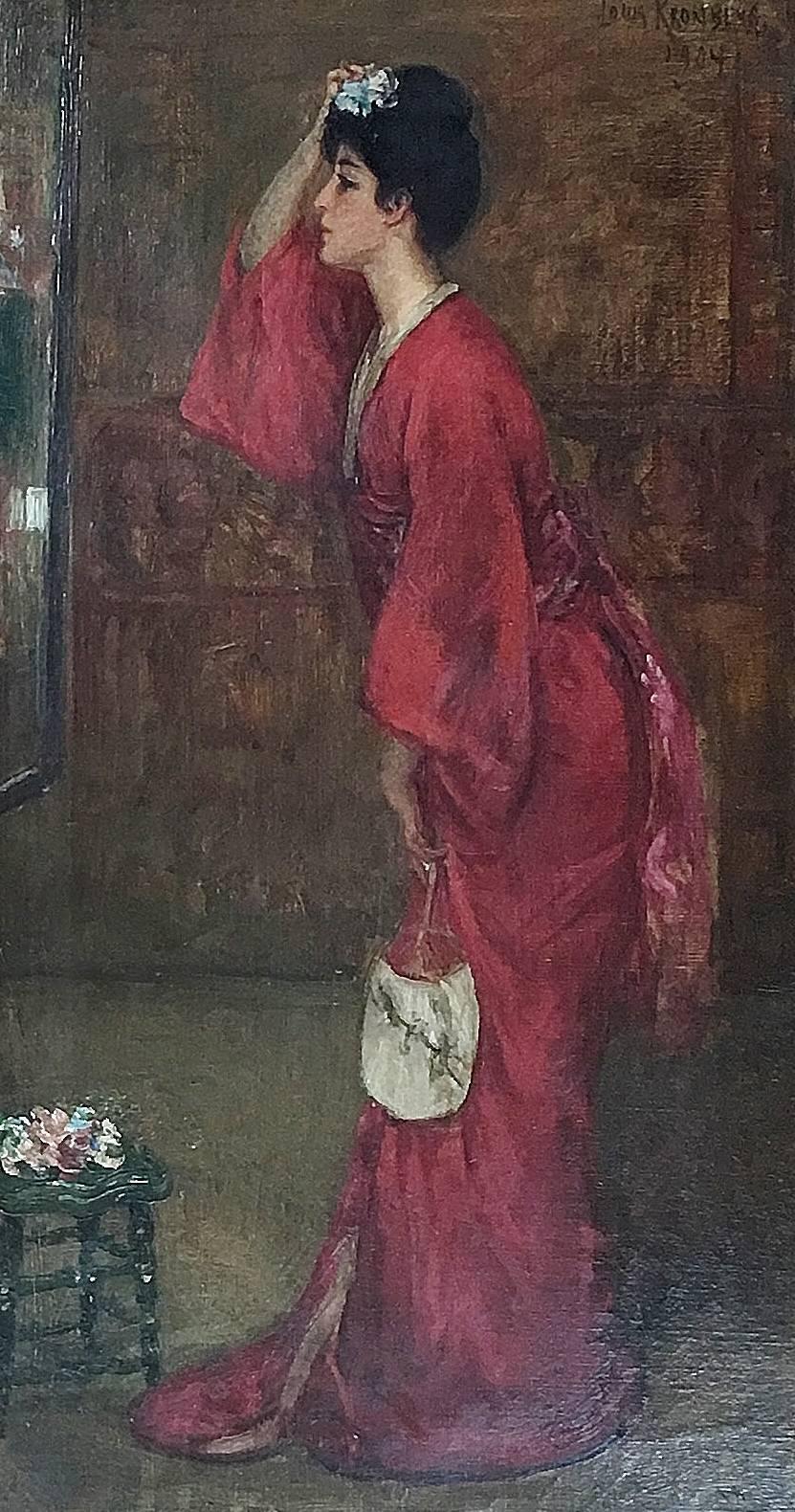 Louis Kronberg Interior Painting - The Red Kimono (Souvenir of Japan)