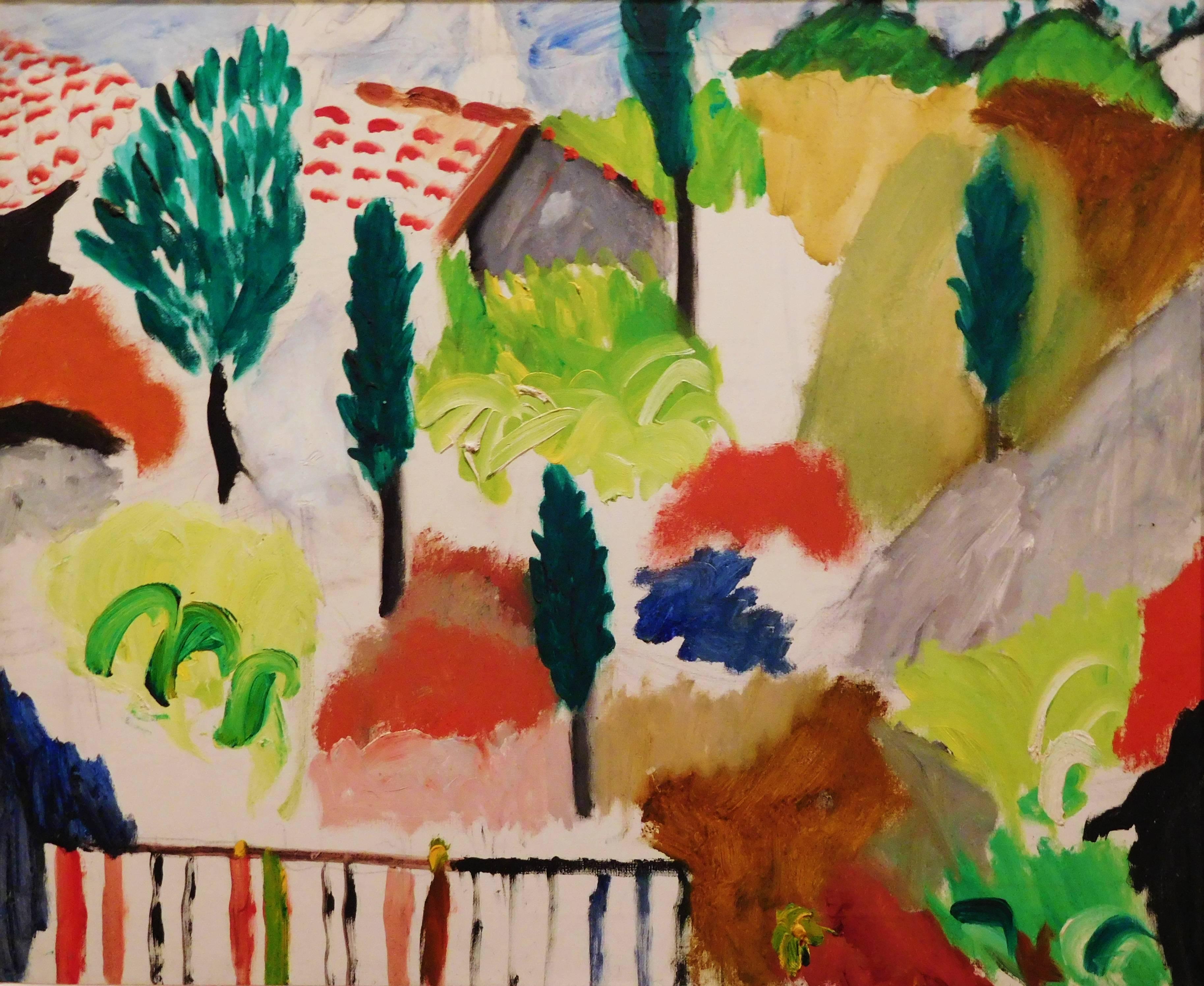 Aristodimos Kaldis Landscape Painting - Landscape with Cypress and Fence