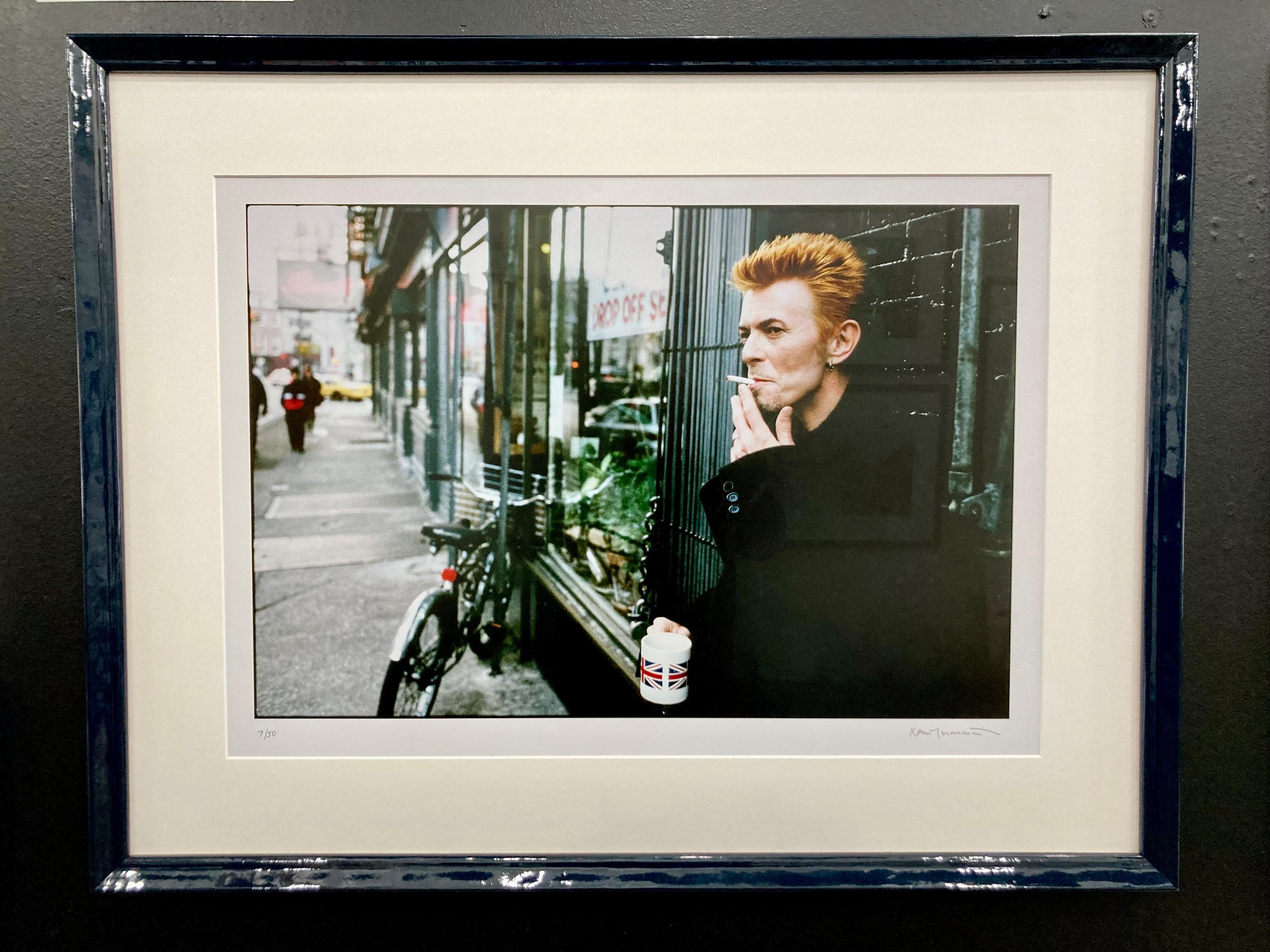 David Bowie Tea and Sympathy New York City, framed signed limited edition print - Photograph by Kevin Cummins