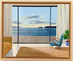 Fenster zum Meer, Öl auf Leinen, zeitgenössisches Wohnzimmer mit Meerblick und Sessel