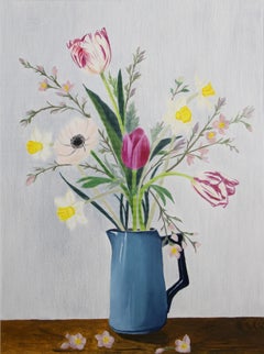 Bouquet in Blue, Oil painting, Colored Pencils, Contemporary Floral Still Life