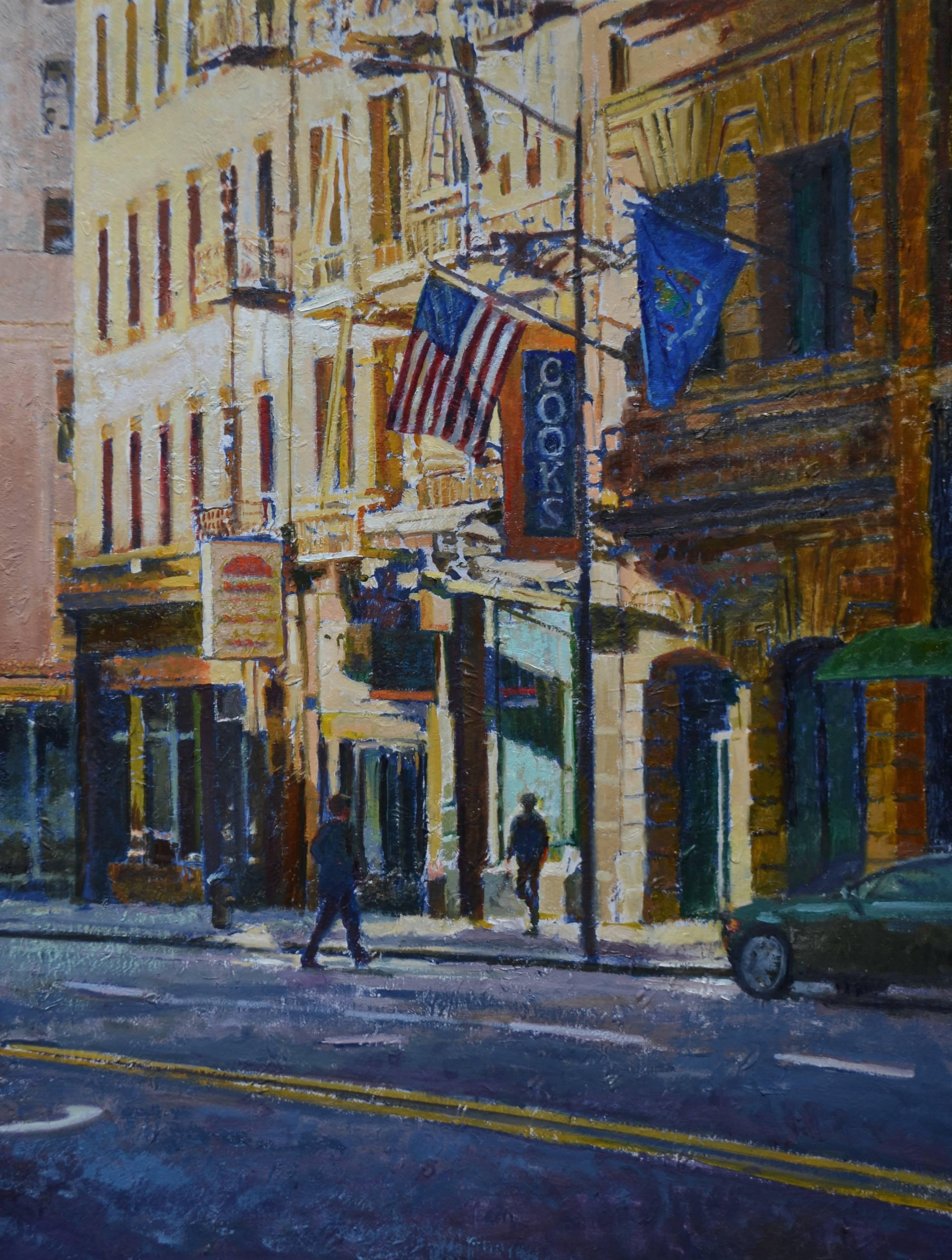 Early Morning Light in the City, Framed - Painting by Dean Larson