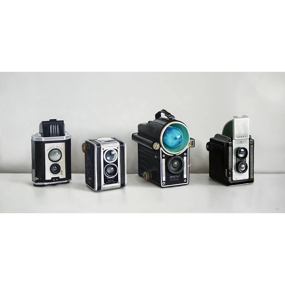 Christopher Stott Still-Life Painting - Four Vintage Cameras