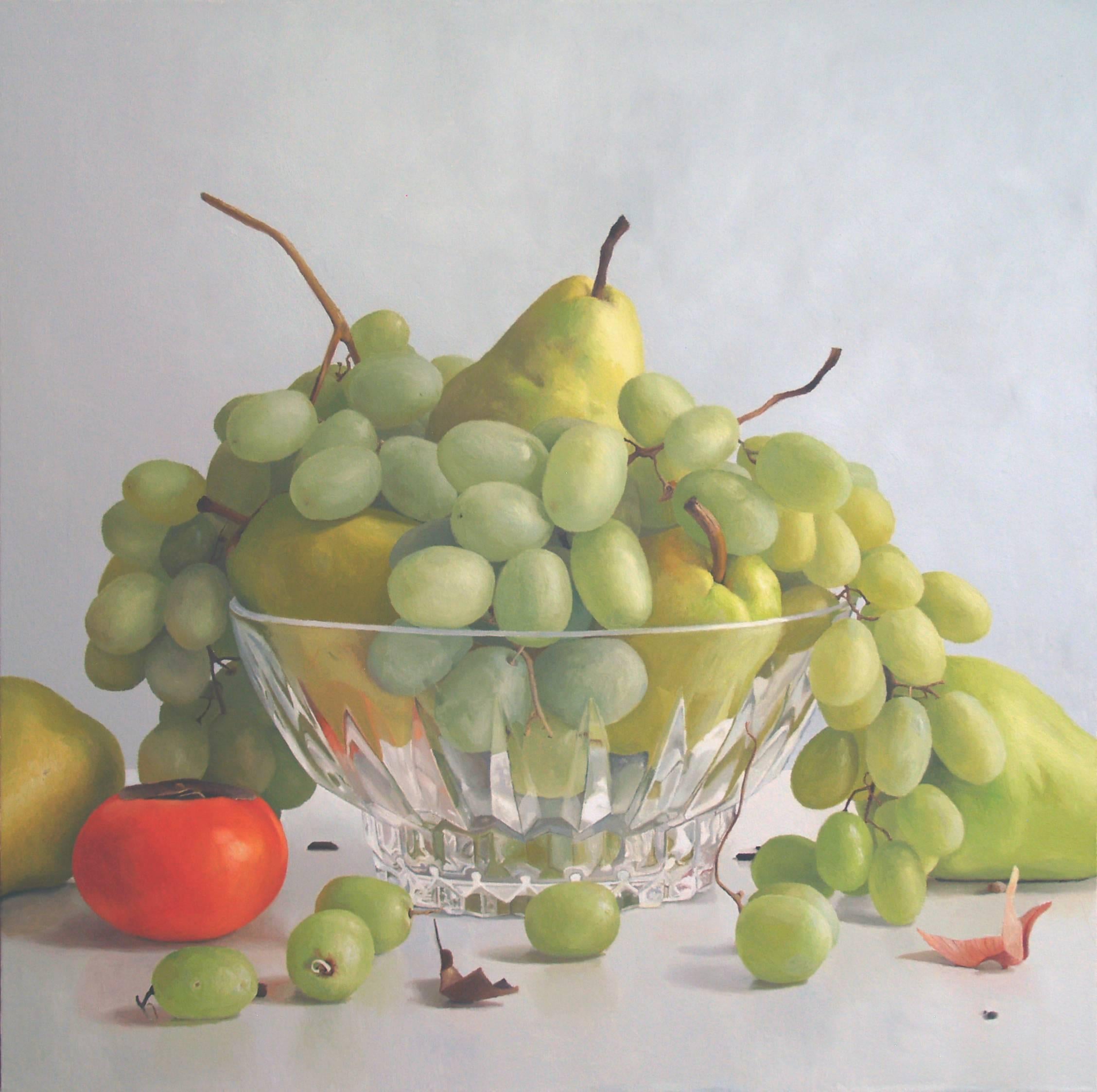 Grapes in Glass Bowl with Persimmon - Painting by Randall W. L. Mooers