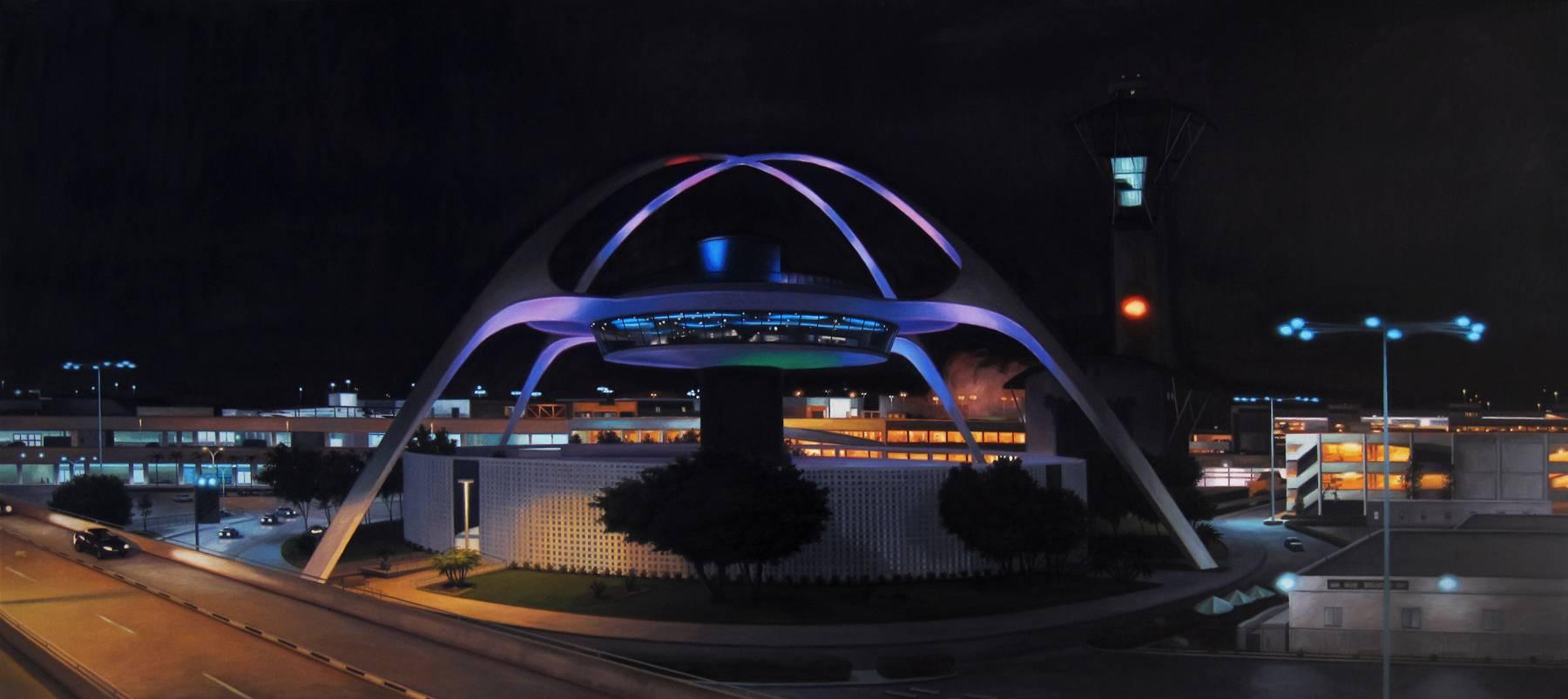 Danny Heller Landscape Painting - LAX Theme Building Panorama At Night