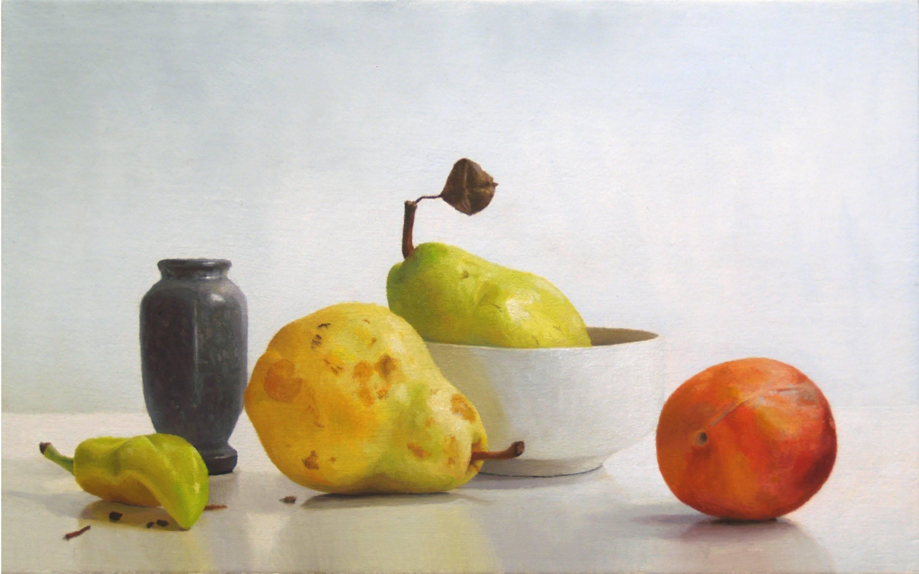 Two Pears with Pluot - Painting by Randall Mooers