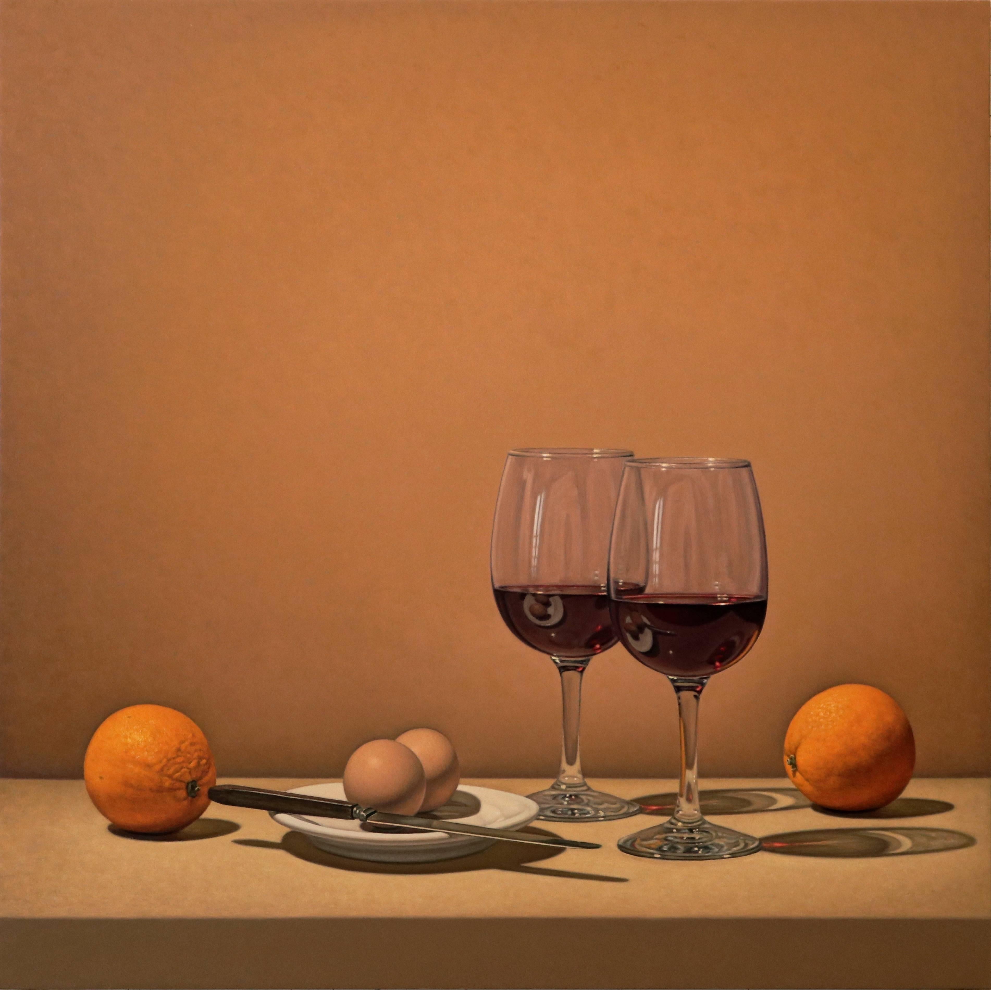 Eggs, Wine, and Oranges - Painting by Tom Gregg