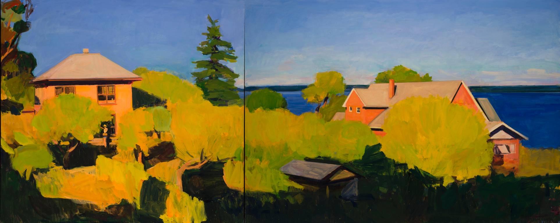 Landscape Painting Kurt Solmssen - Summer on 7th St. (Diptyque) 