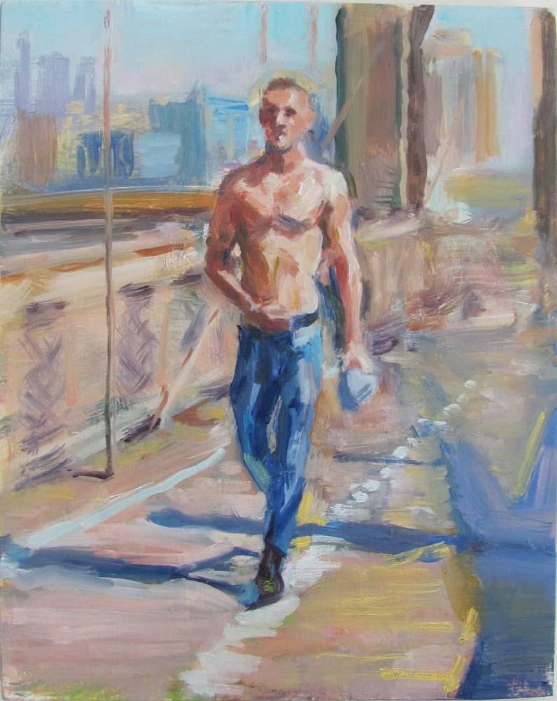 McWillie Chambers Figurative Painting - Man Walking Brooklyn Bridge 2, Framed
