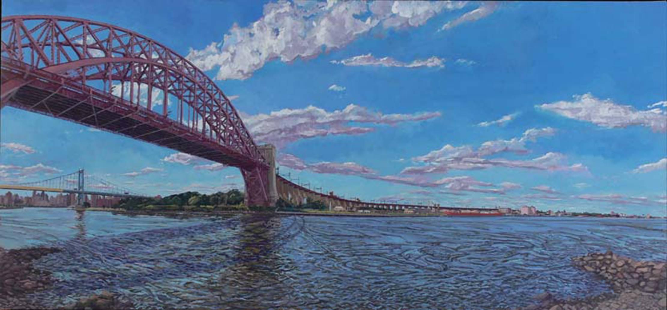 Todd Gordon Landscape Painting - View of Hellgate Bridge and Randalls-Ward Island from Astoria Park
