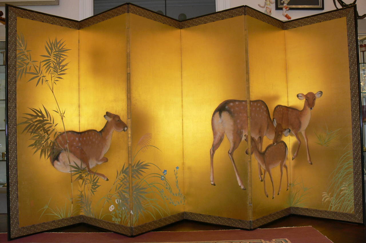 Paravent "Roe deers in a bamboo forest" Paper, Silk and Wood 1921 - Painting by Unknown