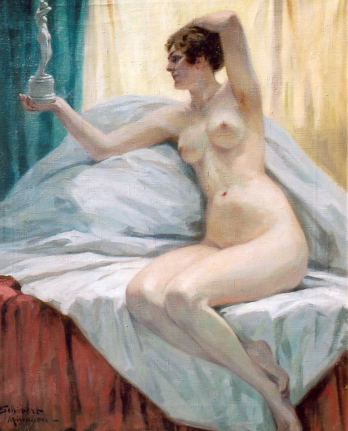 Victor Schivert Figurative Painting - Reclining Nude with a small sculpture of Venus