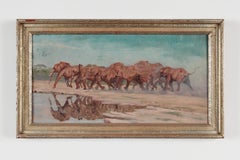 Vintage Oil Painting "Elefantenherde" ( Elephant Flock ) by Rudolf Schulz-Borek, 1954
