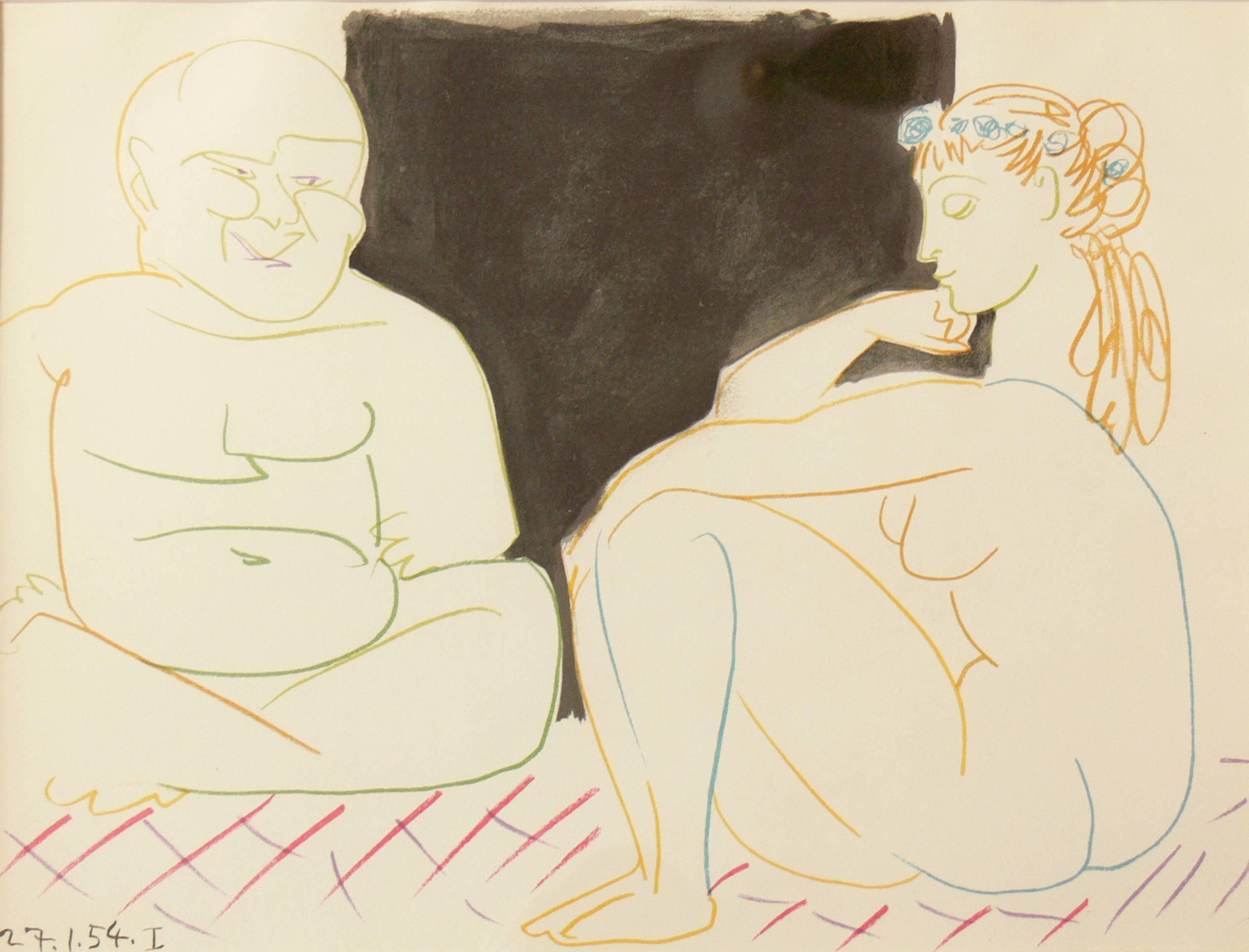 (after) Pablo Picasso Figurative Print - "Le Peintre et Son Modèle" , Color Lithograph, 1954 by Pablo Picasso