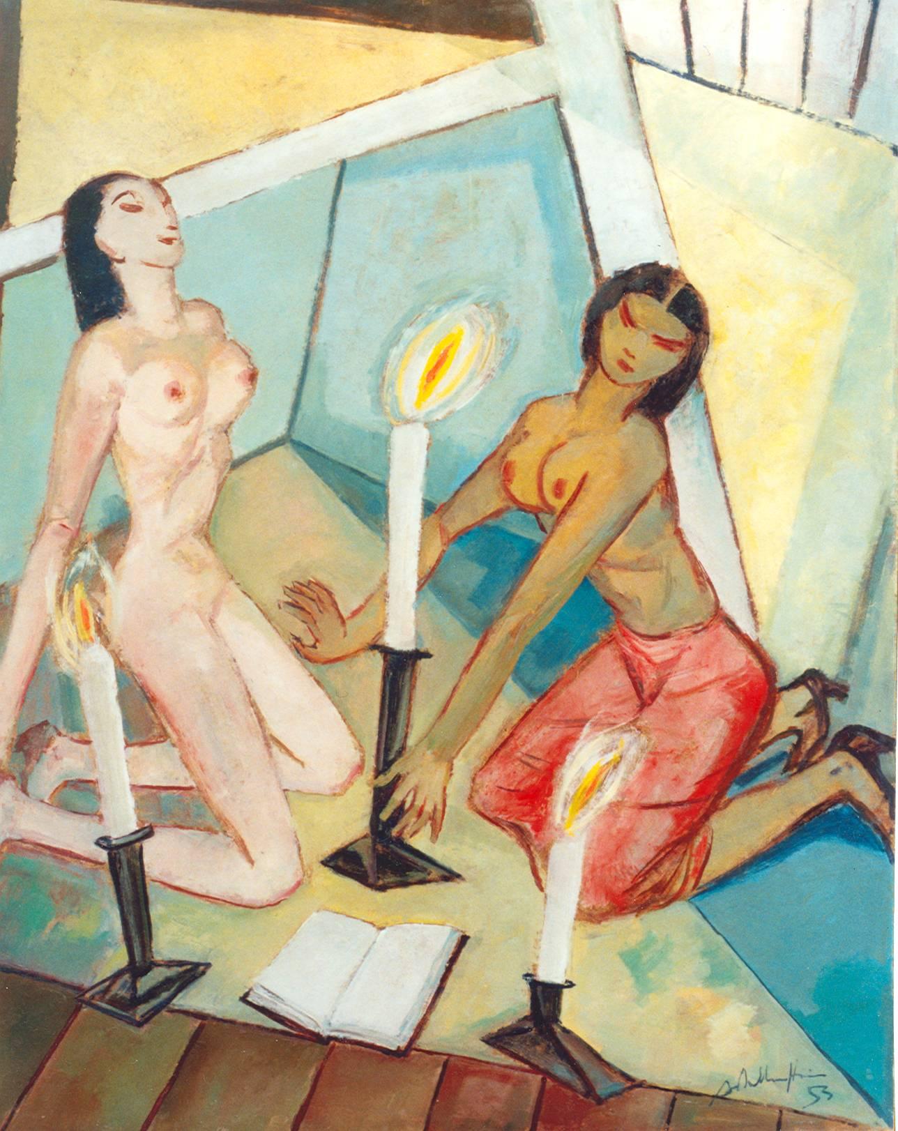 "Ekstatischer Kult" ( Ecstatic Cult ) Oil Painting 1953 by Walter Wellenstein