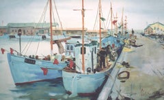 "Fischkutter am Kai" Pintura al óleo sobre lienzo 1964 por Clemens Neuhaus