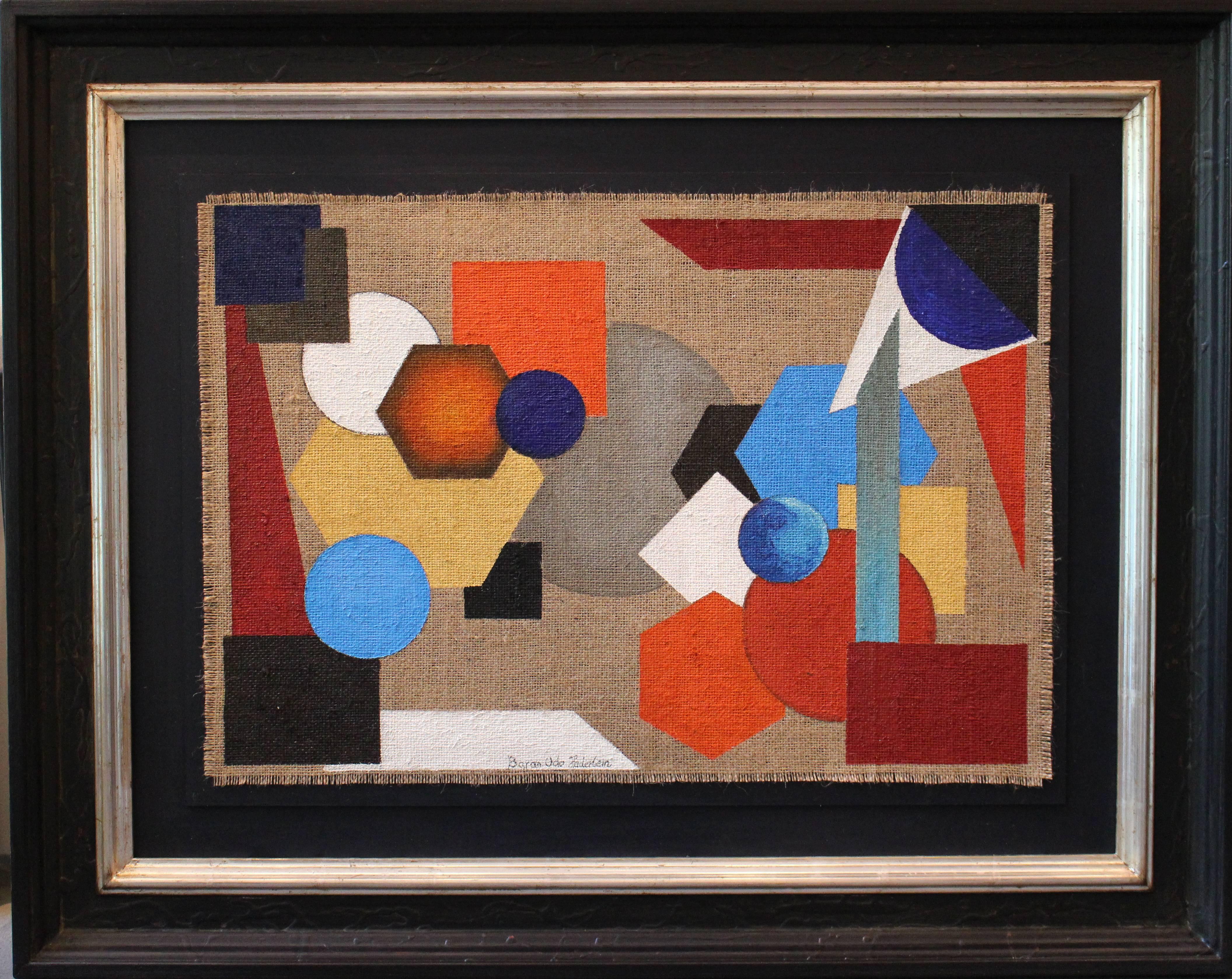 This is a very fine example of abstract art done on jute with acrylic paint.
Signed lower center: Baran Udo Haderlein. Signed, inscribed and dated verso. Framed. It comes directly from the studio of the artist. 
Dimensions are: 18.11 x 25.98 in ( 48