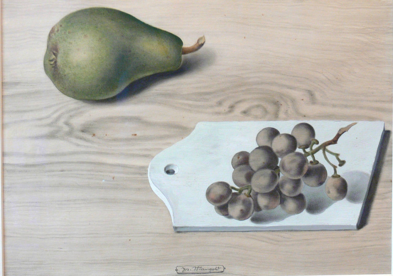 Mangold Josef Still-Life Painting - Josef Mangold Watercolor "Still Life with Grape and Pear", ca. 1925